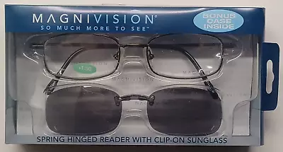 Foster Grant/Magnivision Reading Glasses +1.50 NEW W/CLIP -ON SUNGLASSES & CASE • $9.99