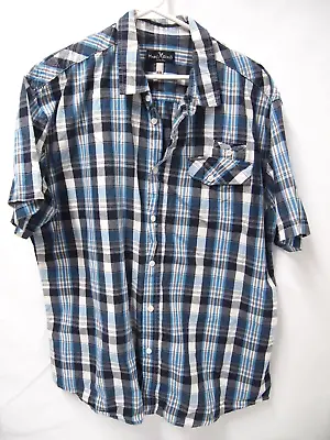 Marc Ecko Mens Shirt 2XL Navy Blue Grey Plaid Short Sleeve Button Collared • $15.14