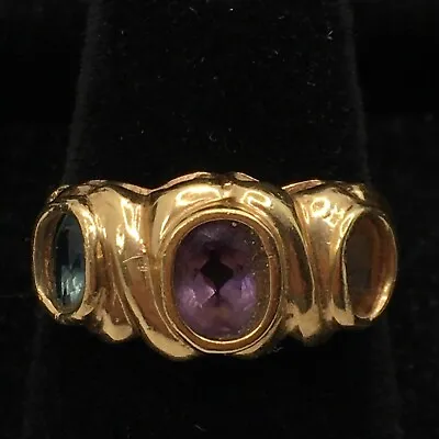 Beautiful Solid 14K Yellow Gold Three Multicolor Gemstones Ring 3.5gr. Size 6.75 • $376.59