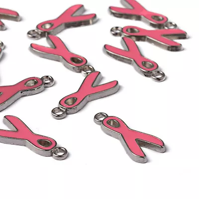 Enamel PINK CANCER AWARENESS RIBBON Charms Silver Back 19mm X 8mm 10pcs E7 • £3.25