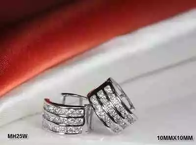 925 Sterling Silver Round 3 Row Cz  Huggie Huggy Hoop Cz Earrings ~10mm~mh25clr~ • $17.30