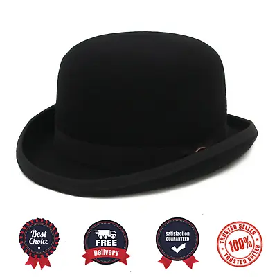 4 Sizes 100% Wool Felt Black Derby Bowler Hat For Men Women Satin Lined Fashion • $73.17