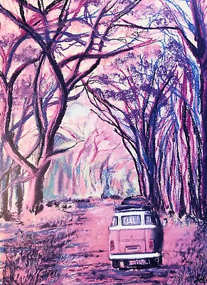 £10 • Buy VW Campervan Inspired Art Prints Picture Gift Signed Pink Campervan
