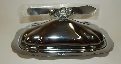 Chrome Metal Covered Butter Dish Glass Insert Knife Rest • $19.99