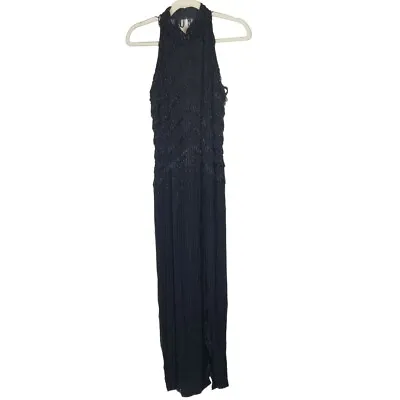 VTG Alyce Designs Womens 14 Black Sleeveless Beaded Halter Silk Maxi Gown Dress • $75