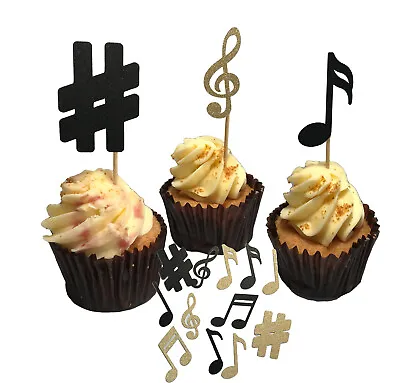 12x Musical Note Cupcake Cake Topper Decoration Picks - Black Gold Glitter • £5