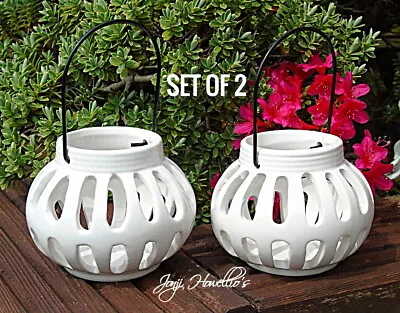 White Lantern Tea Light Candle Holder Garden Ornament Ceramic Home Gift Set Of 2 • £9.50