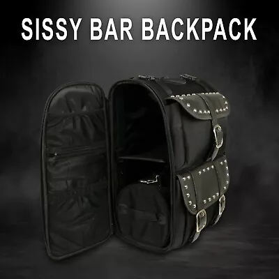 MOTORCYCLE LARGE SISSY BAR TRAVEL BAR BAG BACK PACK TRAVEL LUGGAGE BLACK Stud • $124.99