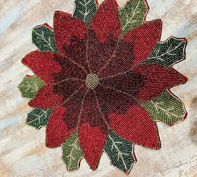 Vtg 14” Christmas Poinsettia Beaded Holiday Placemat Centerpiece / Candle Holder • $8.49