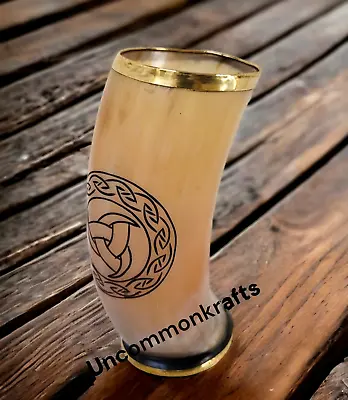 Handcrafted ODIN'S Triple Horn Logo Engraved Norse Viking Drinking Horn Cups Mug • $39.67