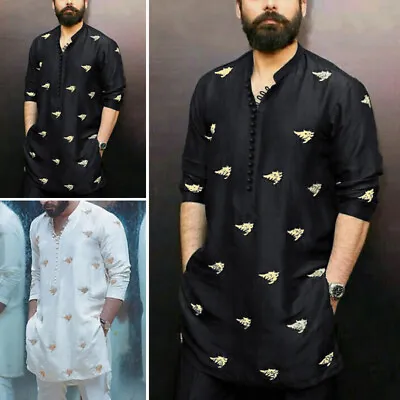 S-5XL Mens Long Sleeve Vintage Floral Top Casual Loose Party Kurta Shirt Tunic • £16.14