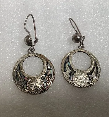 Vintage Mexico  Sterling Silver 925 Abalone Chip Dangle Earrings • $19.95