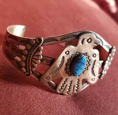  Vintage Solid Copper Turquoise Inlay NAVAJO Cuff Bracelet Thunderbird  • $44