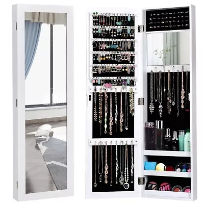 Mirrored Jewelry Cabinet Wall Mounted Hanging Jewelry Armoire W/Length Mirror • £59.95