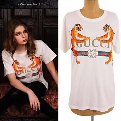 $1321.42 • Buy XXS NEW AUTHENTC GUCCI White DUELING TIGERS 80's GG LOGO Relax TEE T-SHIRT TOP