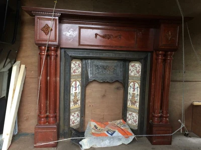 £365 • Buy Reclaimed Victorian Style Hardwood Fire Surround With Columns,inlay And Grate.