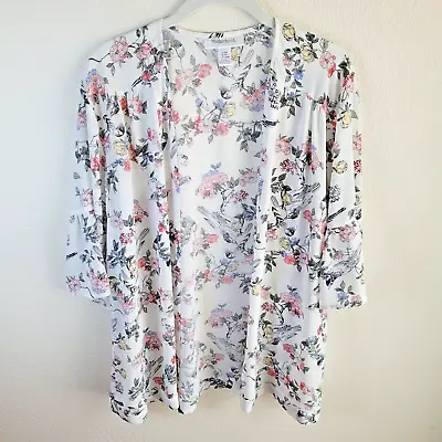 Floral Birds Open Front Kimono S/M Motherhood Flutter Sleeves Pink Romantic • $11.95