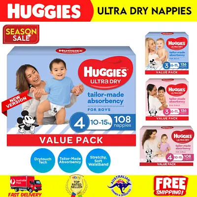 $74.82 • Buy HUGGIES Ultra-Dry Nappies, Boys, Size 4 (10-15kg), One-Month Supply, 108pk Count