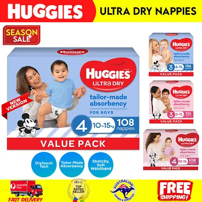 HUGGIES Ultra-Dry Nappies Boys Size 4 (10-15kg) One-Month Supply 108pk Count • $73.14