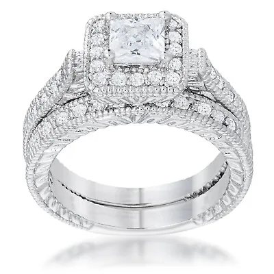 Art Deco Princess Cut Bridal Set Micro-Pave CZ Stones Size 6 • $16.25