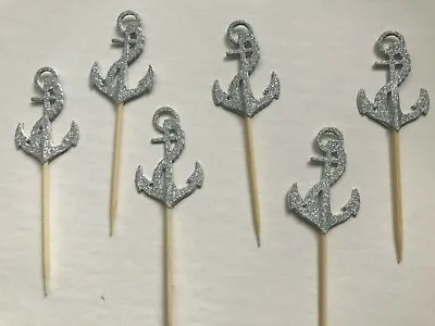 £1.75 • Buy / Silver Glitter Anchor  Nautical Cake Toppers /