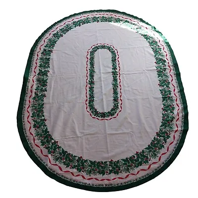 Vintage Christmas Tablecloth Cotton Holly Berry Ribbons Oval Oblong 64  X 82  • $20