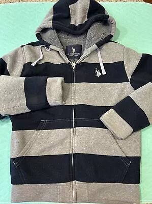 Small Men’s Polo Assn Sherpa Lined Hoodie Grey Navy Blue Striped GUC • $16