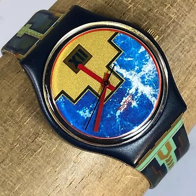 Vintage 1991 Men’s 33mm Swatch Watch GN114 BLUE FLAMINGO Aztec Works • $39.95