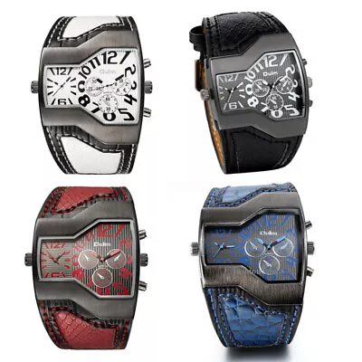 Men's Military Sports Two Time Zones Big Dial Leather Band Quartz Wrist Watch US • $61.99