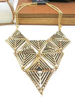 Gold Tone Black Triangle Link Layered Chain Statement Necklace Q33 • $14.44