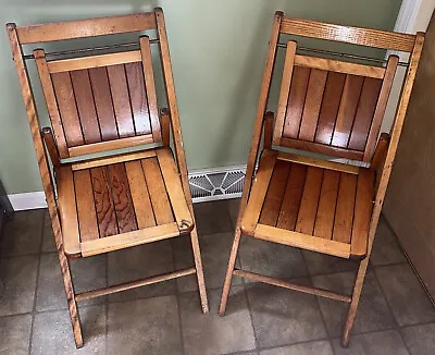 Vintage Mid Century Slat Seat Back Folding Chairs Solid Wood Set/2 Church Chairs • $100