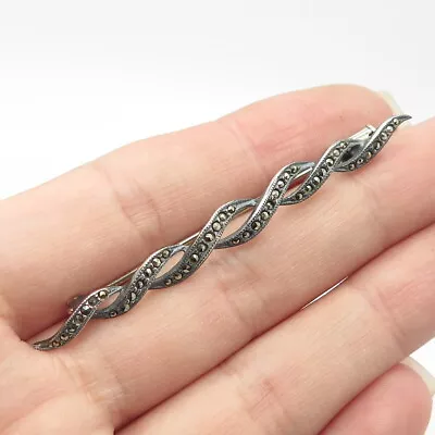 925 Sterling Silver Vintage Real Marcasite Gem Twisted Pin Brooch • $27.99