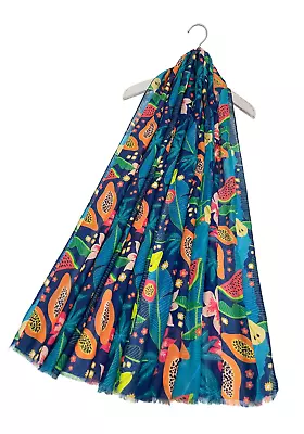 Ladies Colourful Fruit And Floral Print Frayed Scarf Women Neck Wrap Shawl 7698 • £10.49