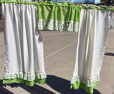 Vintage 1970s White Lime Green Kitchen Curtains 2 Valance & 4 Panel Sets • $19.99