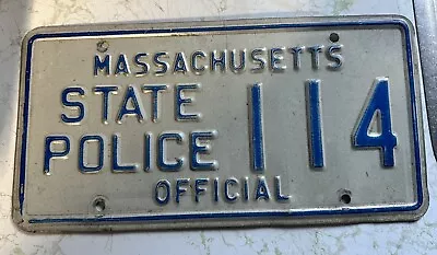 Vintage Massachusetts State Police Official License Plate #114 White & Blue • $159.99