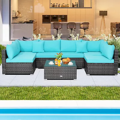 Patio 7PCS Rattan Furniture Set Sectional Sofa Garden Turquoise Cushion • $609.99