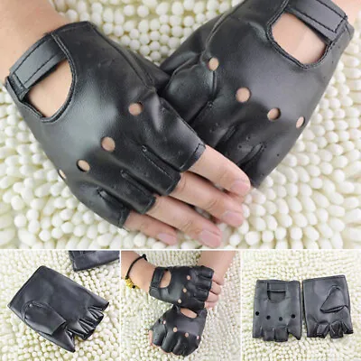 Motorcycle Leather Black Fingerless Gloves Gym Cycling Driving Biker Racing Mens • £2.27