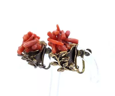 Vintage Mid Century HASKELL Style Natural Red Branch CORAL Bouquet Earrings • $45