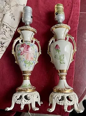 Vintag Tyndale Porcelain Urn Lamps Rose Flora Painted Wrought Cast Iron Gold Trm • $128