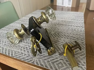 Vtg Glass Door Knob Set With Lock 2 Escutcheons Brass Turn Knob & Tube With Wax? • $6.67