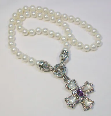 Judith Ripka Magnetic Pearl Necklace & Amethyst MOP CZ Maltese Cross Pendant 18  • $199