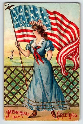 Memorial Decoration Day Postcard Women US Flag Sailboat Ocean Patriotic Embossed • $18.27