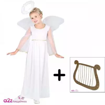 Girls Nativity Angel Costume + Gold Harp Christmas Play Fancy Dress 3-13 Years • £16.99