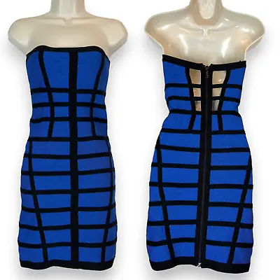 Bebe Strapless Cocktail Dress Small Blue Black Fitted Metallic Shimmer Bandage • $36.99