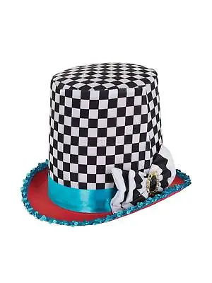 Adult Tall Stovepipe Chequered Mad Hatter Top Hat Fancy Dress Accessory • £9.29
