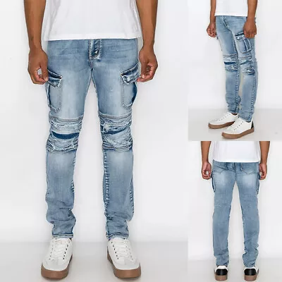 Victorious Men's Casual Distressed Bike Side Cargo Pockets Denim Jeans • $39.95