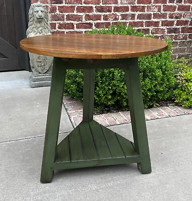 Vintage English ROUND Cricket Table End Table Side Table Oak 3-Legged Green Base • $875