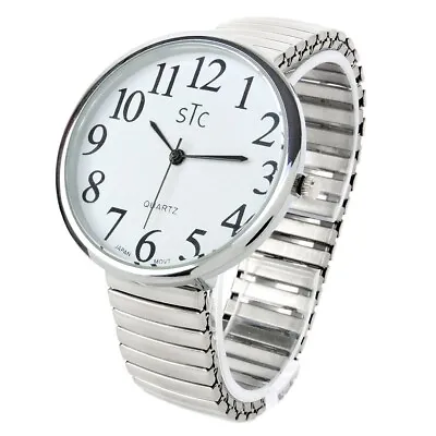 STC Silver Super Large Face Easy To Read Stretch Band Watch - New In Box • $17.99