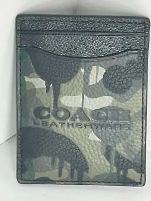 Coach Money Clip Card Case Mens Camo Black Leather Slim Wallet Compact CA300 • $89.98