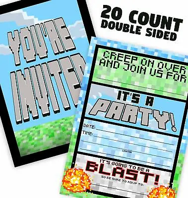 Pixel Party Invitations - 20 Invitations + 20 Envelopes - DOUBLE SIDED - Video • $13.99